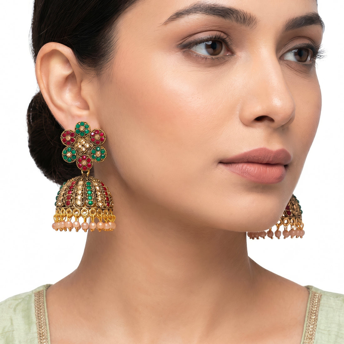 PRAO Earrings Anti-Tarnish Traditional Floral Dome Jhumka