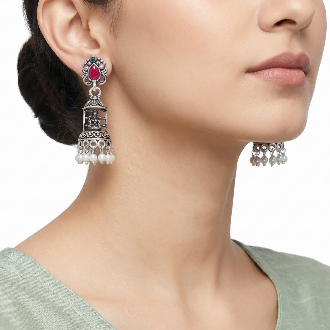 PRAO Earrings Anti-Tarnish Lakshmi Motif Oxidized Jhumka