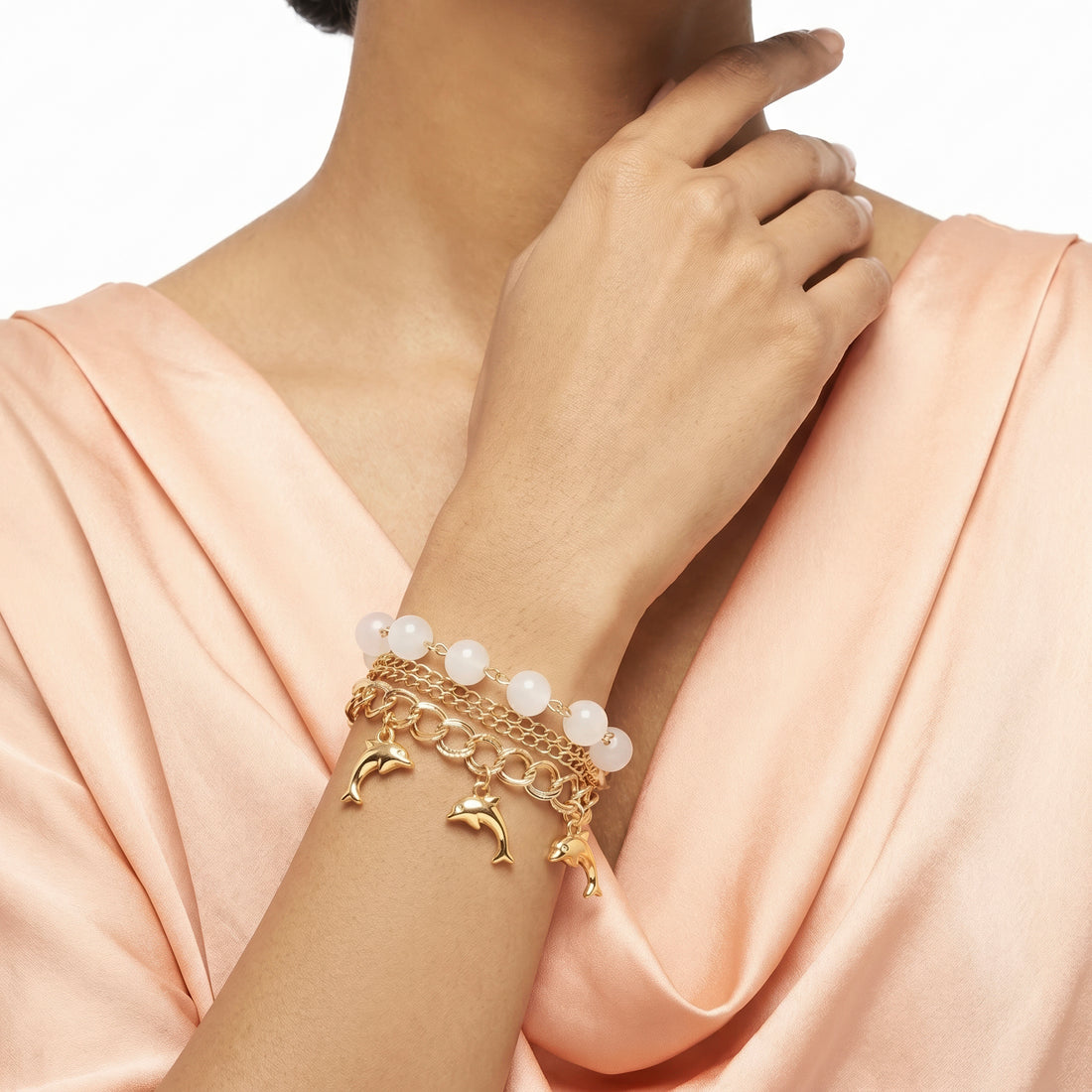 PRAO Bracelet Anti-Tarnish Lustrous White Beads & Dolphin Charm Accents (Adjustable Size)