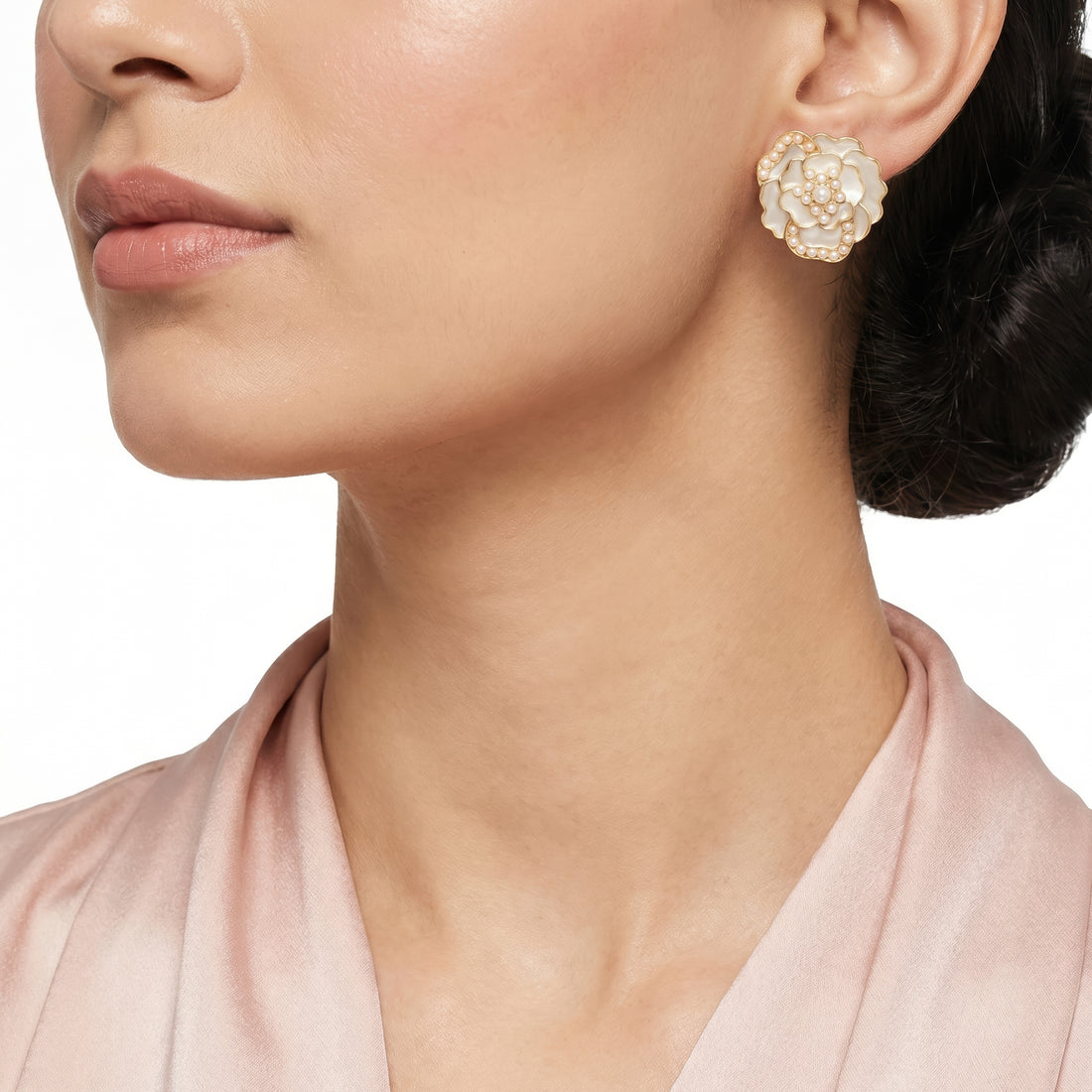 PRAO Earrings Anti-Tarnish White Camellia Pearl Stud