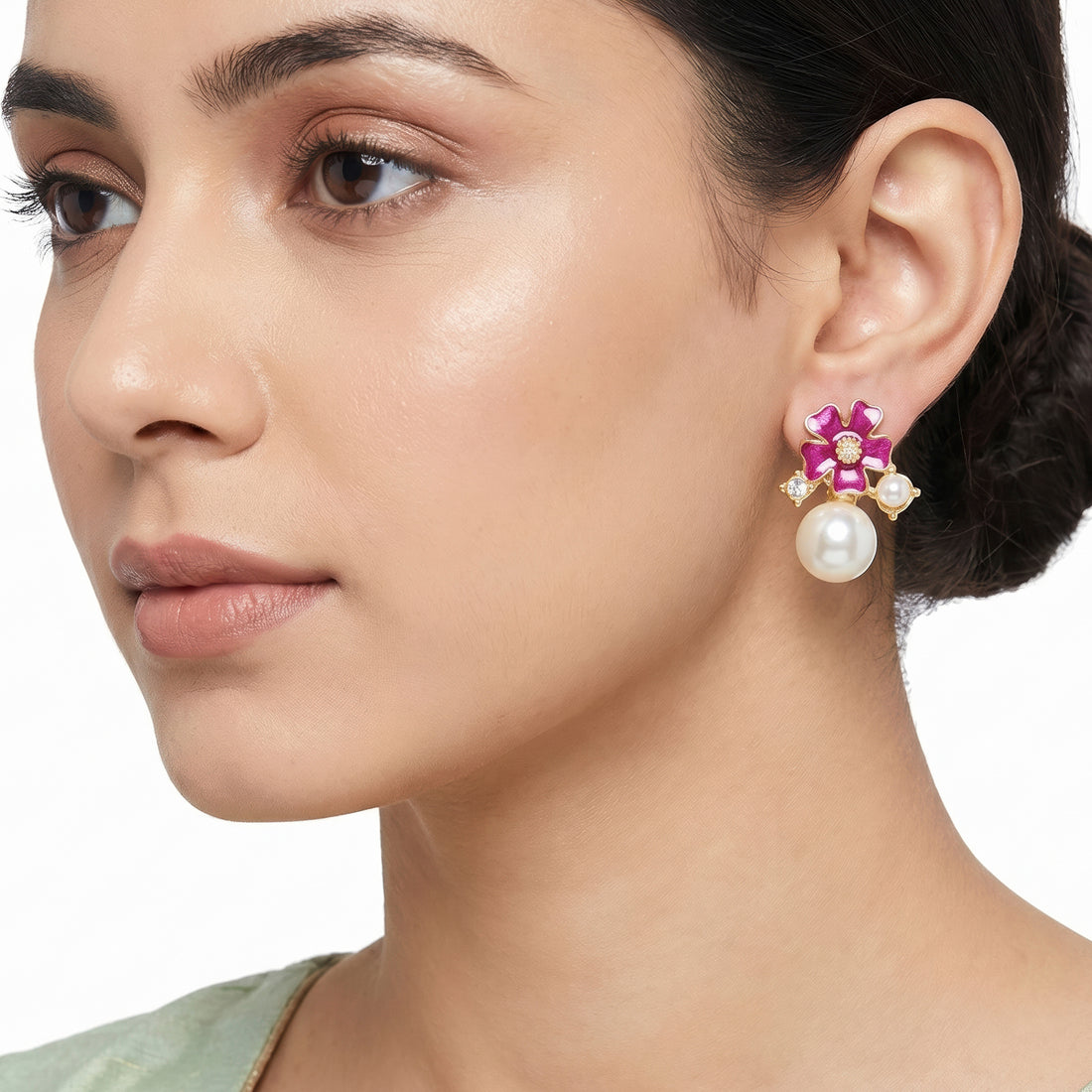 PRAO Earrings Anti-Tarnish Fuchsia Pearl Flower Studs