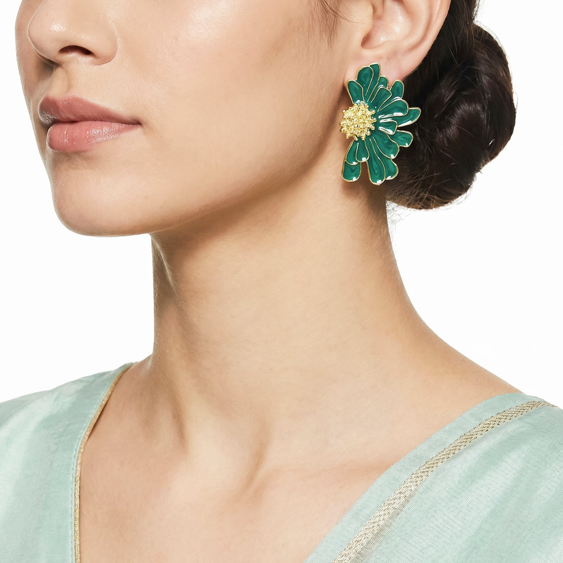 PRAO Earrings Anti-Tarnish Teal Floral Enamel Studs