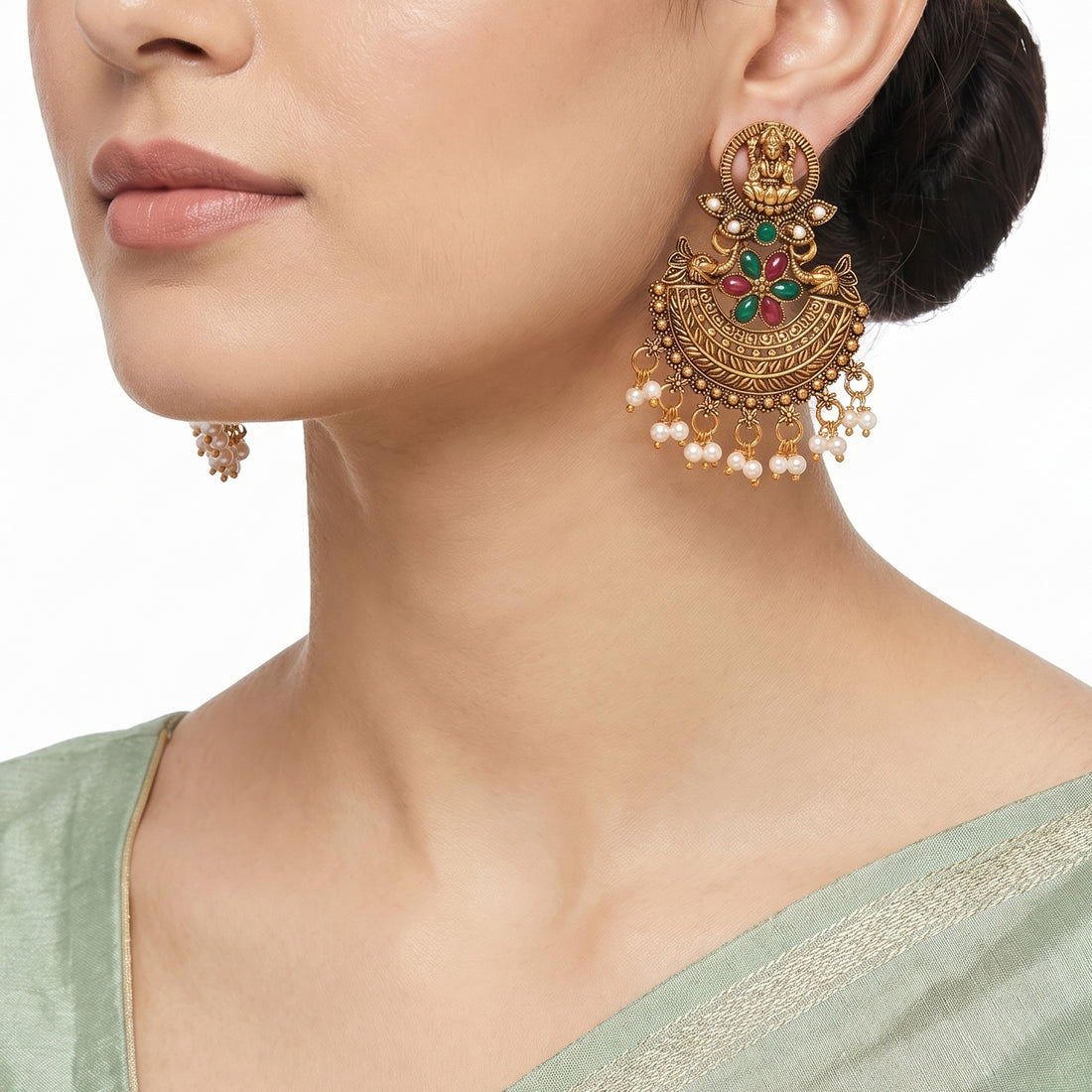 PRAO Earrings Anti-Tarnish Temple Deity Jhumka With Stone Accents