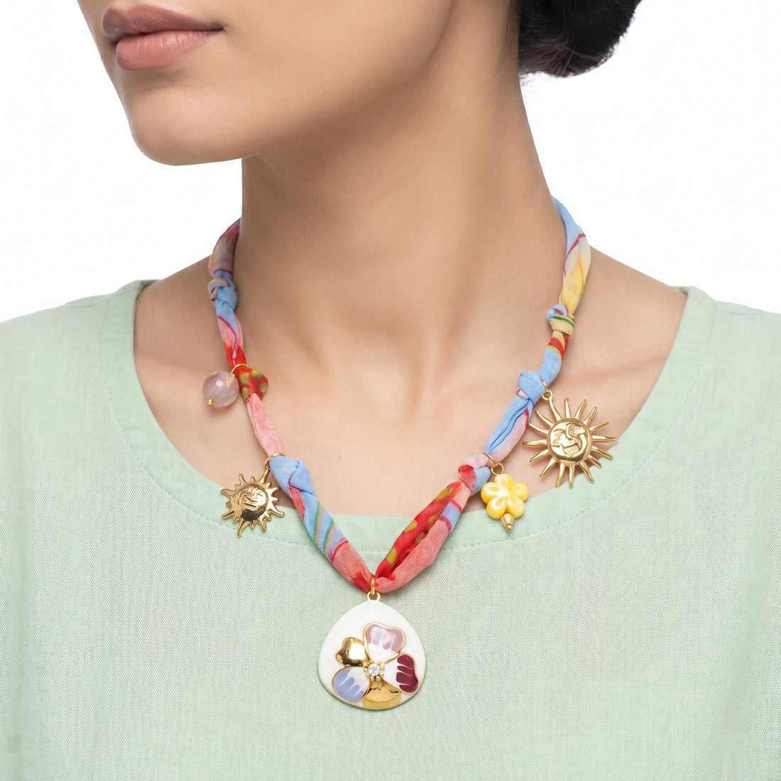 PRAO Necklace Anti-Tarnish Coral Blue Fabric Flower Pendant