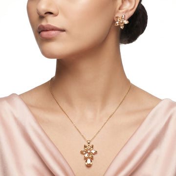 PRAO Necklace Anti-Tarnish Floral Crystal With Teardrop Pendant Set With Earrings