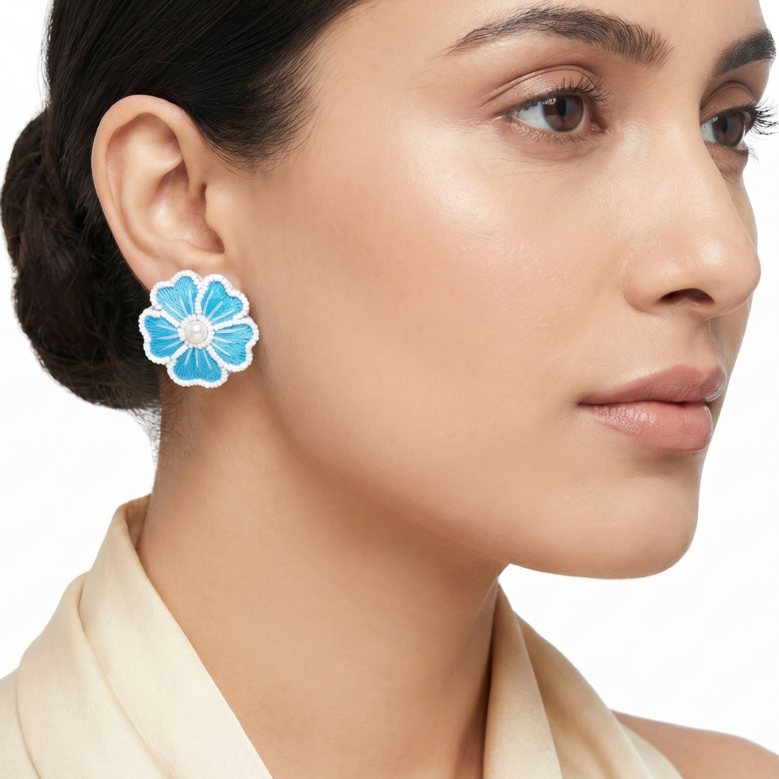 PRAO Earrings Anti-Tarnish Embroidered Ferozi Floral Statement