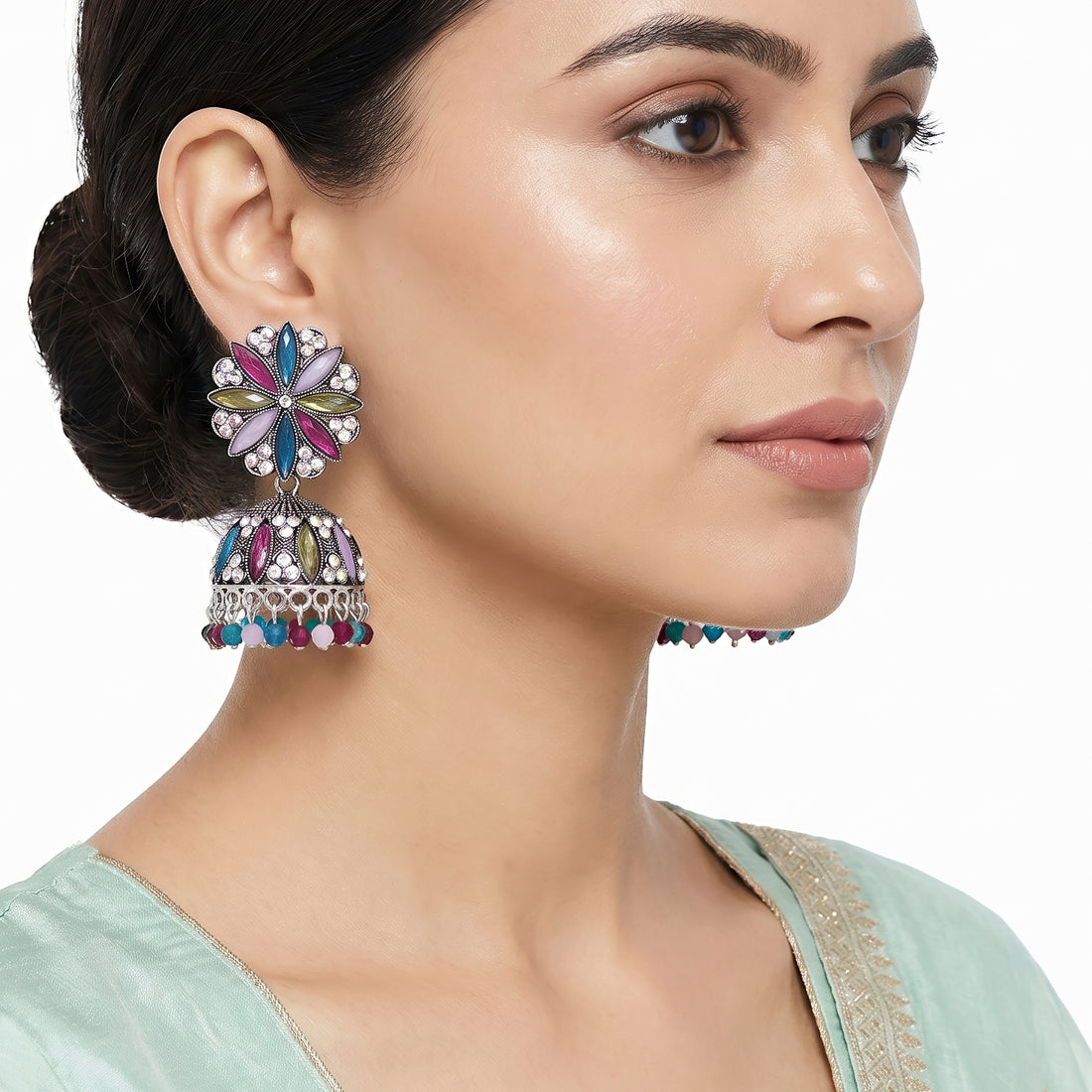 PRAO Earrings Anti-Tarnish Floral Stone Stud Jhumka
