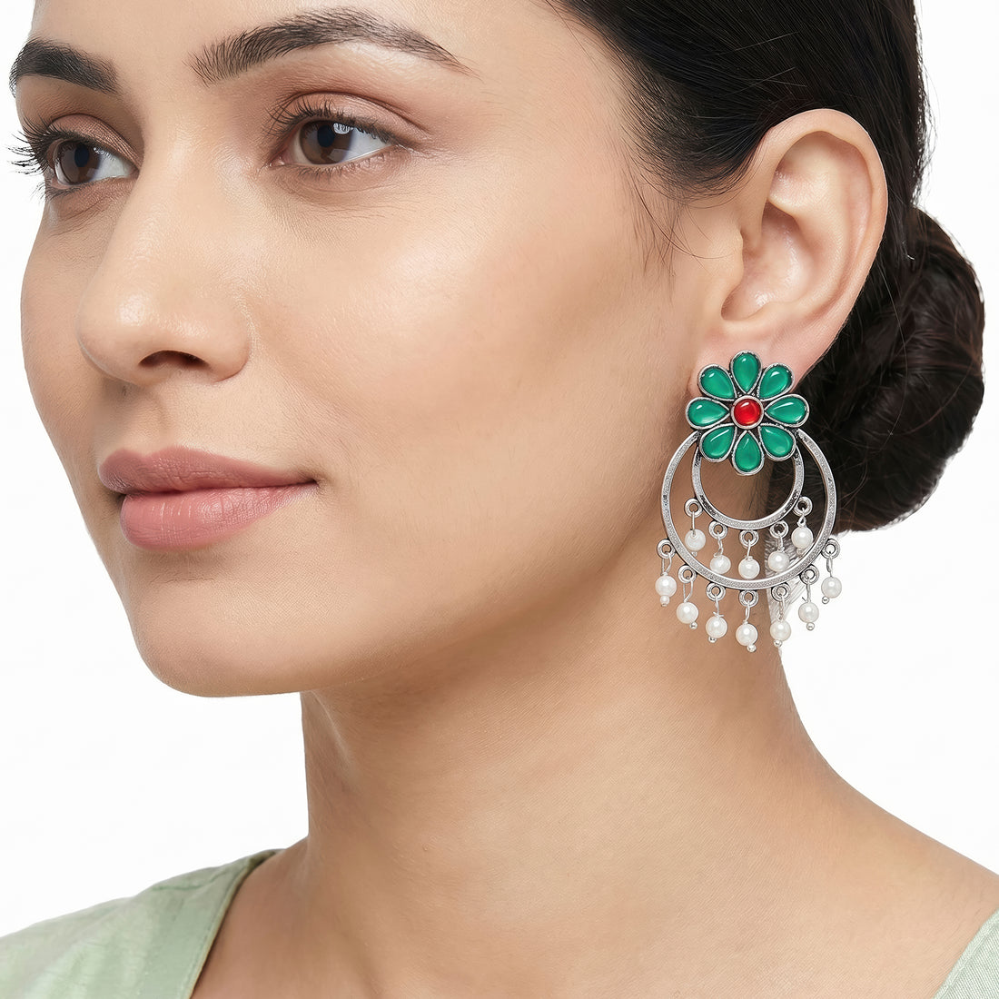 PRAO Earrings Anti-Tarnish Peridot Green Floral Chandbali
