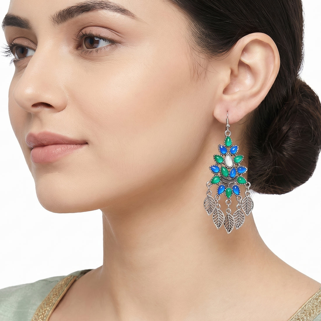 PRAO Earrings Anti-Tarnish Blue Green Stone Chandelier
