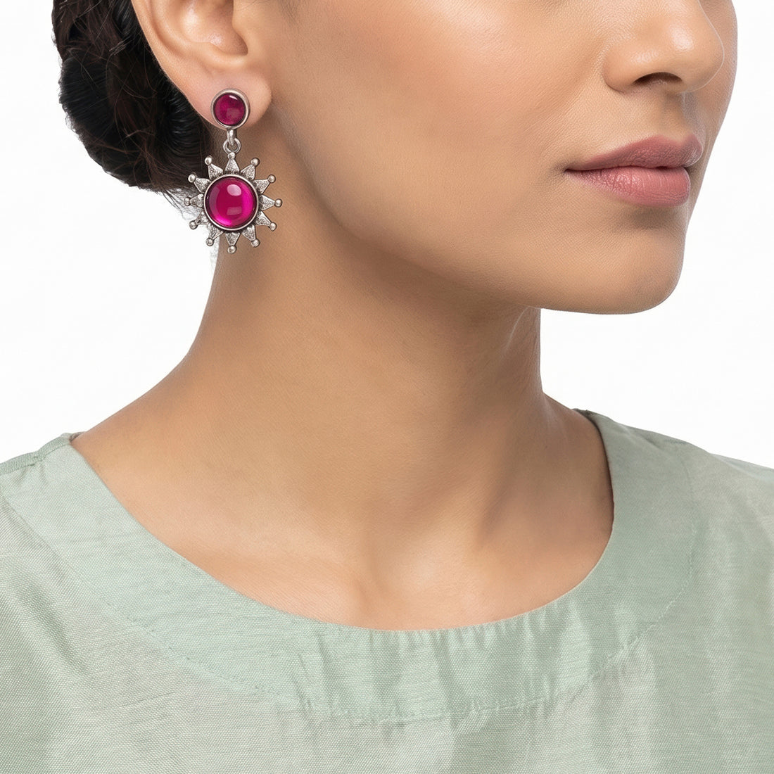 PRAO Earrings Anti-Tarnish Fuchsia Pink Sunburst Drop