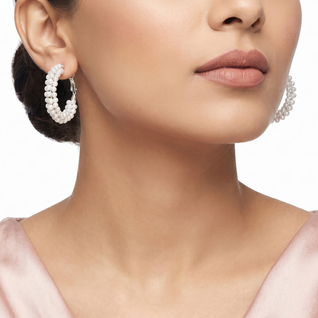 PRAO Earrings Anti-Tarnish White Beaded Hoops