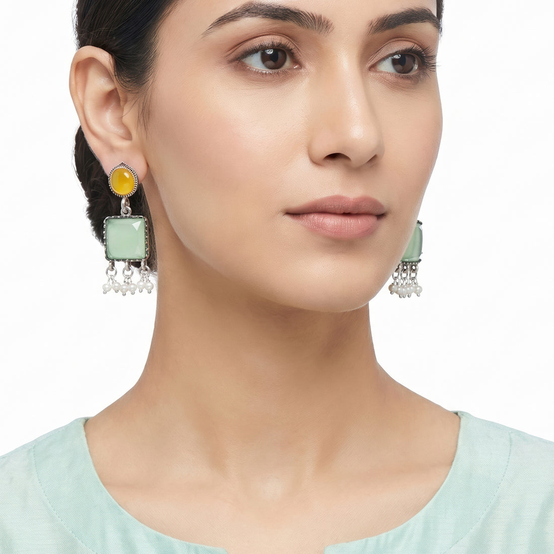 PRAO Earrings Anti-Tarnish Mint Green Pearl Drop