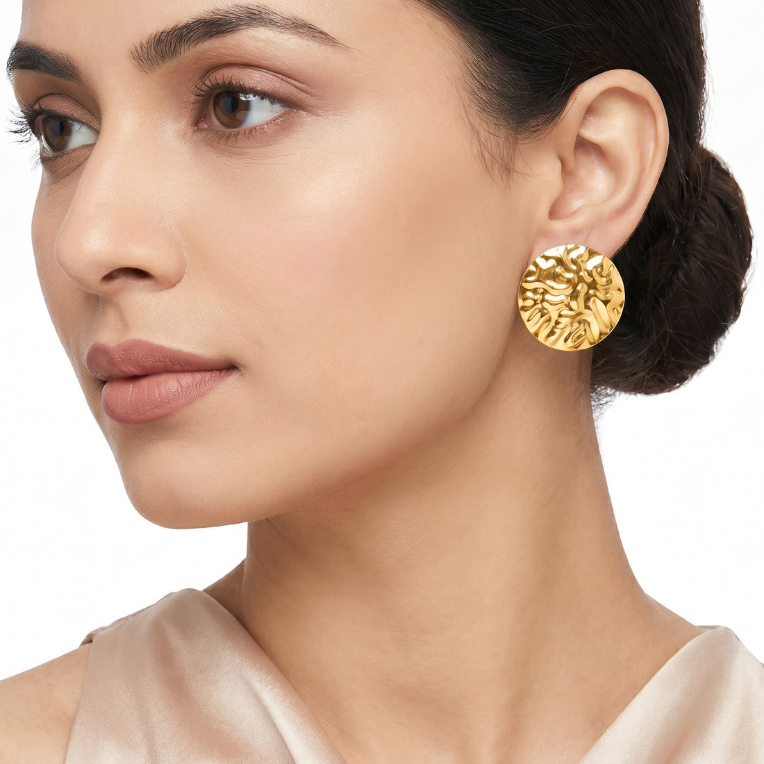 PRAO Earrings Anti-Tarnish Hammered Coin Gold-Plated Statement
