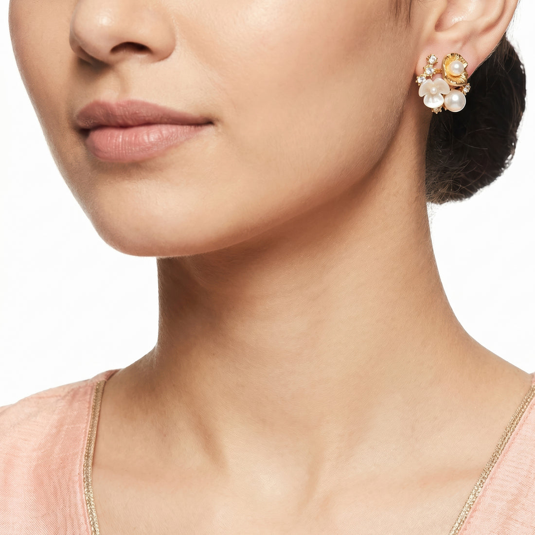 PRAO Earrings Anti-Tarnish Floral Pearl Rhinestone Studs