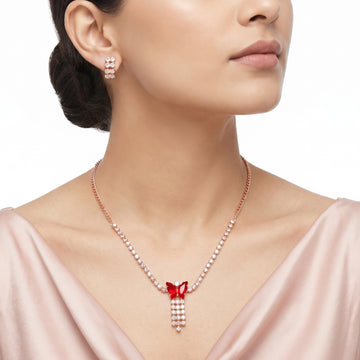 PRAO Necklace Anti-Tarnish Red Butterfly Rhinestone Set With Earrings