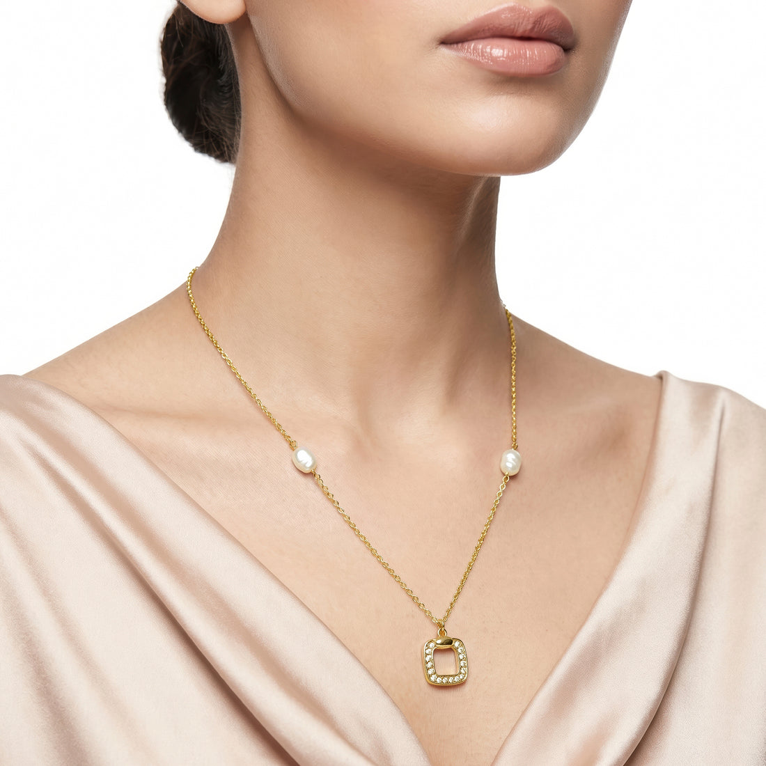 PRAO Necklace Anti-Tarnish Open Cushion Pearl Pendant