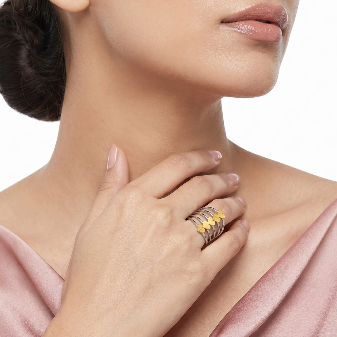 PRAO Ring Anti-Tarnish Multi-Band Heart Accent (Adjustable Size)