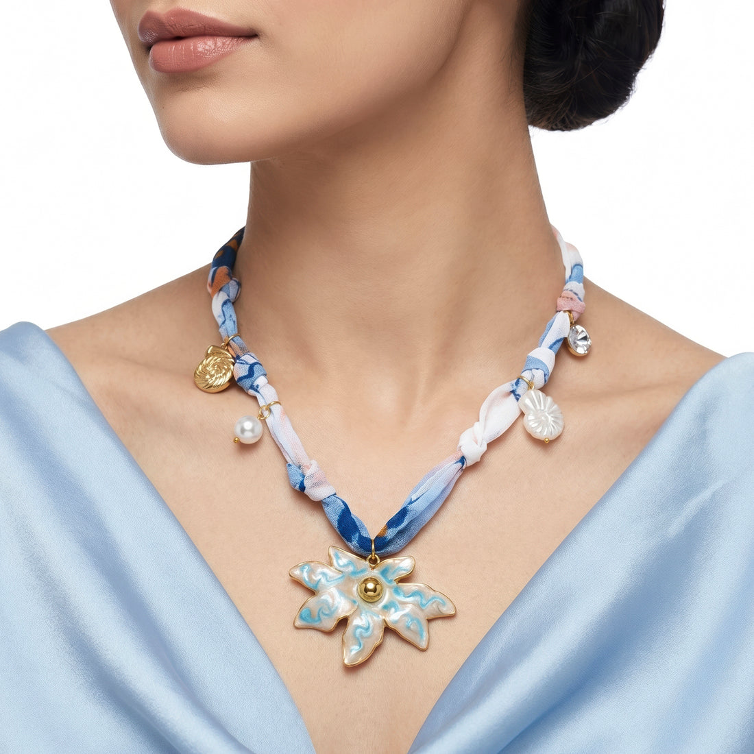 PRAO Necklace Anti-Tarnish Sky Blue Fabric Ocean Flower