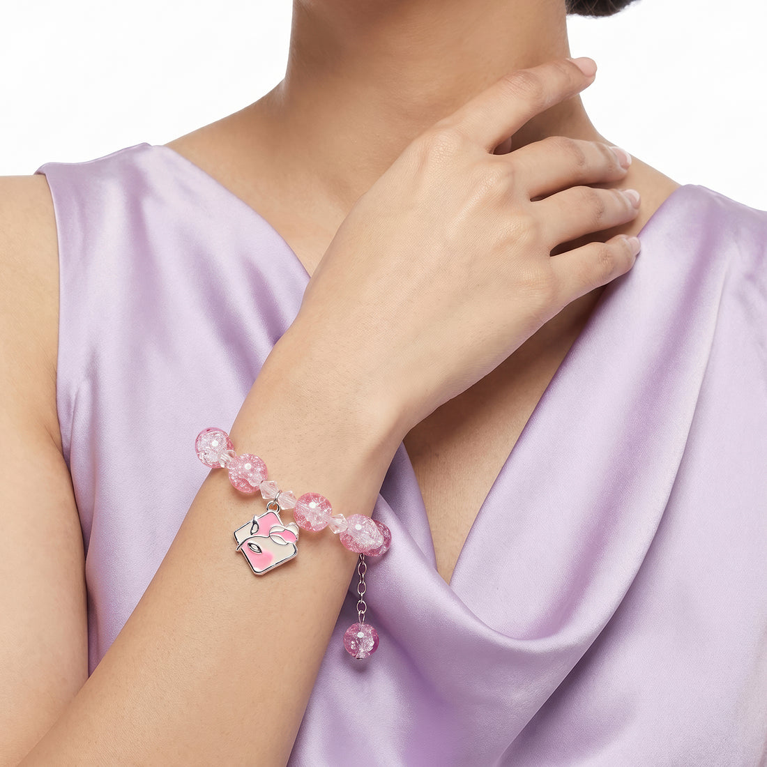 PRAO Bracelet Anti-Tarnish Pink Crackle Floral Charm (Adjustable Size)