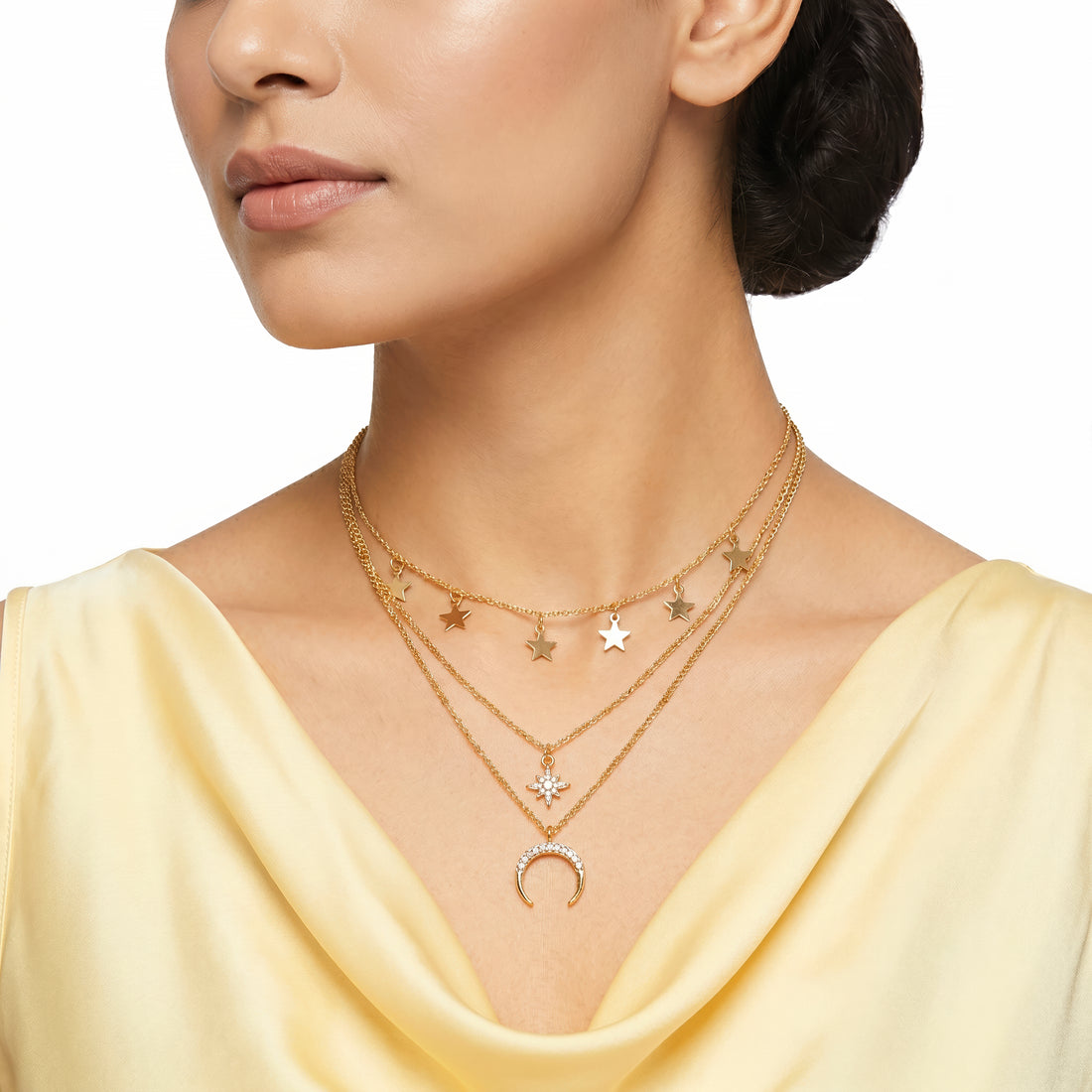 PRAO Necklace Anti-Tarnish Star And Crescent Celestial Layered