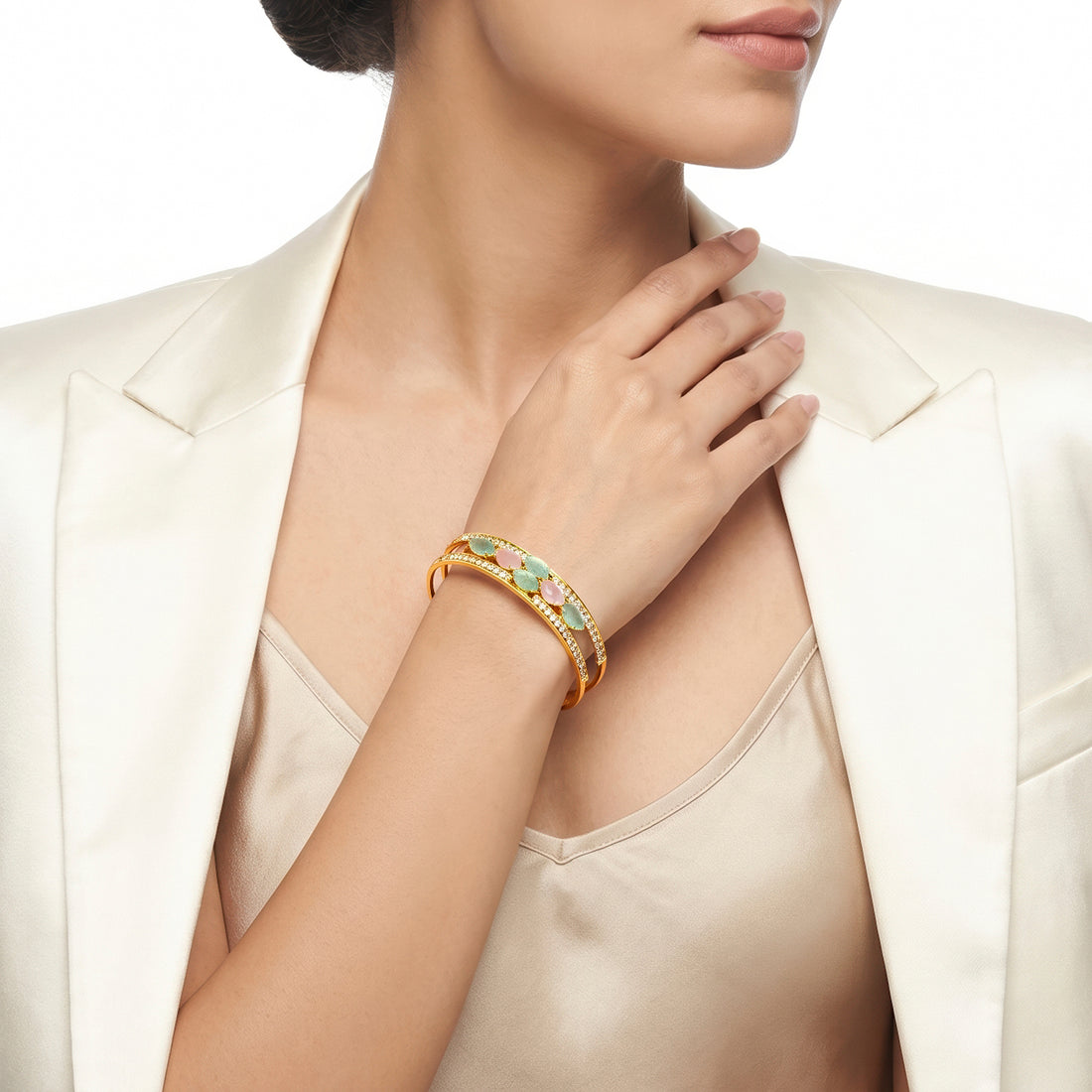 PRAO Bracelet Anti-Tarnish Open Crystal Frame Pastel Stone Bangle (Adjustable Size)