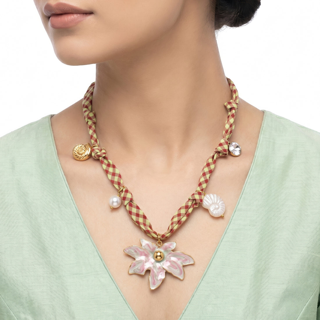 PRAO Necklace Anti-Tarnish Brown Checks Fabric Ocean Flower