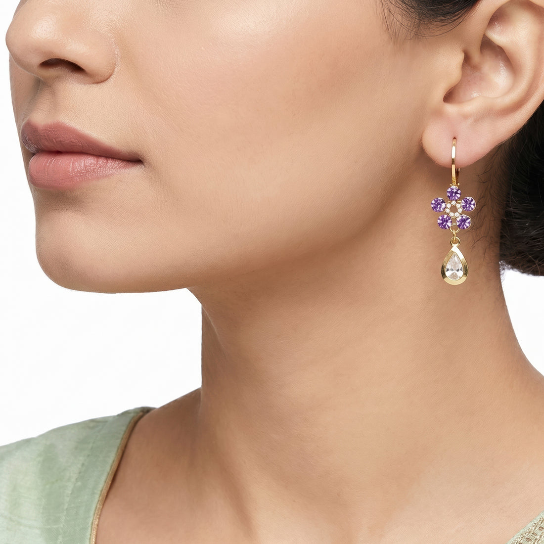 PRAO Earrings Anti-Tarnish Purple Crystal Flower Hoops
