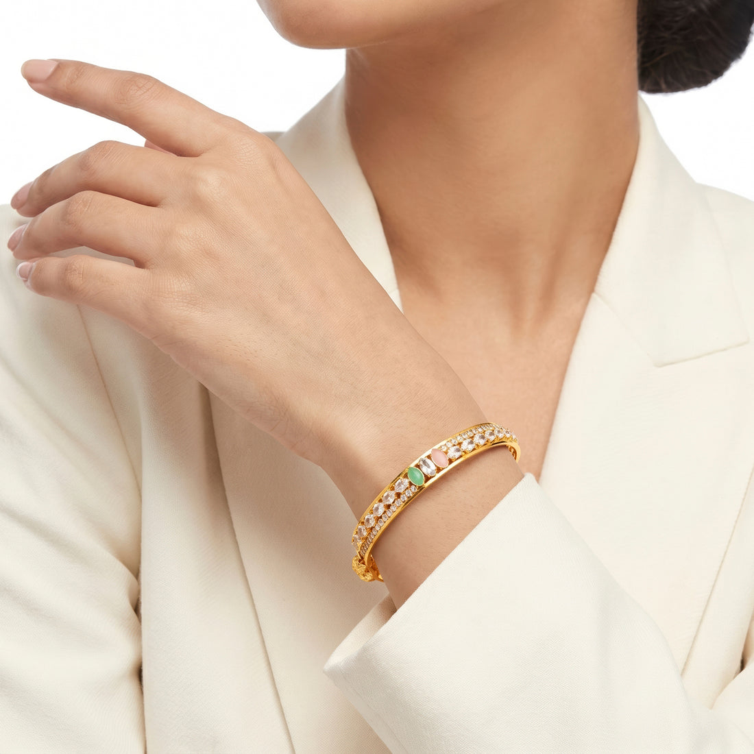 PRAO Bracelet Anti-Tarnish Open-Frame Crystal & Pastel Stone Bangle (Adjustable Size)