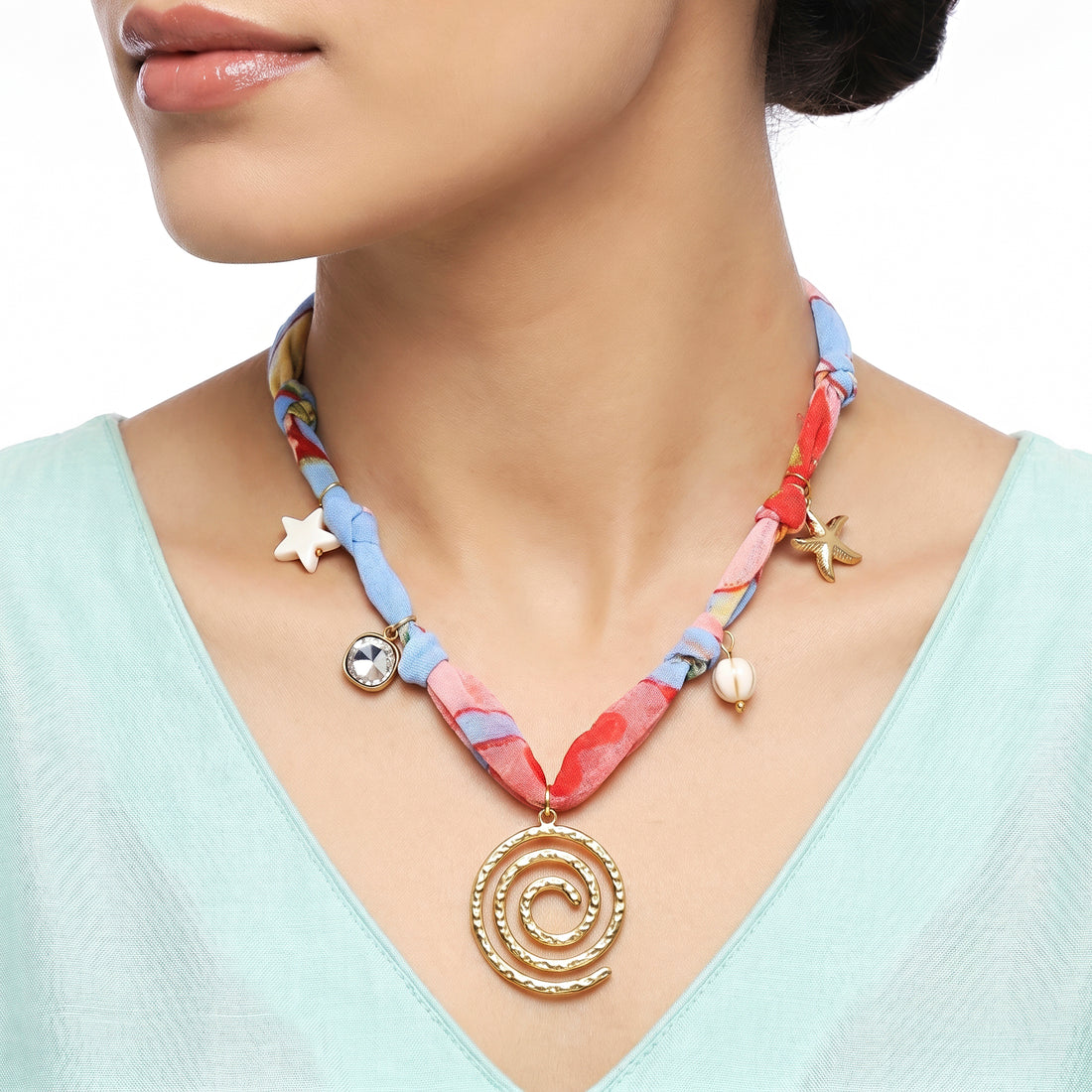 PRAO Necklace Anti-Tarnish Coral Blue Fabric Ocean Spiral