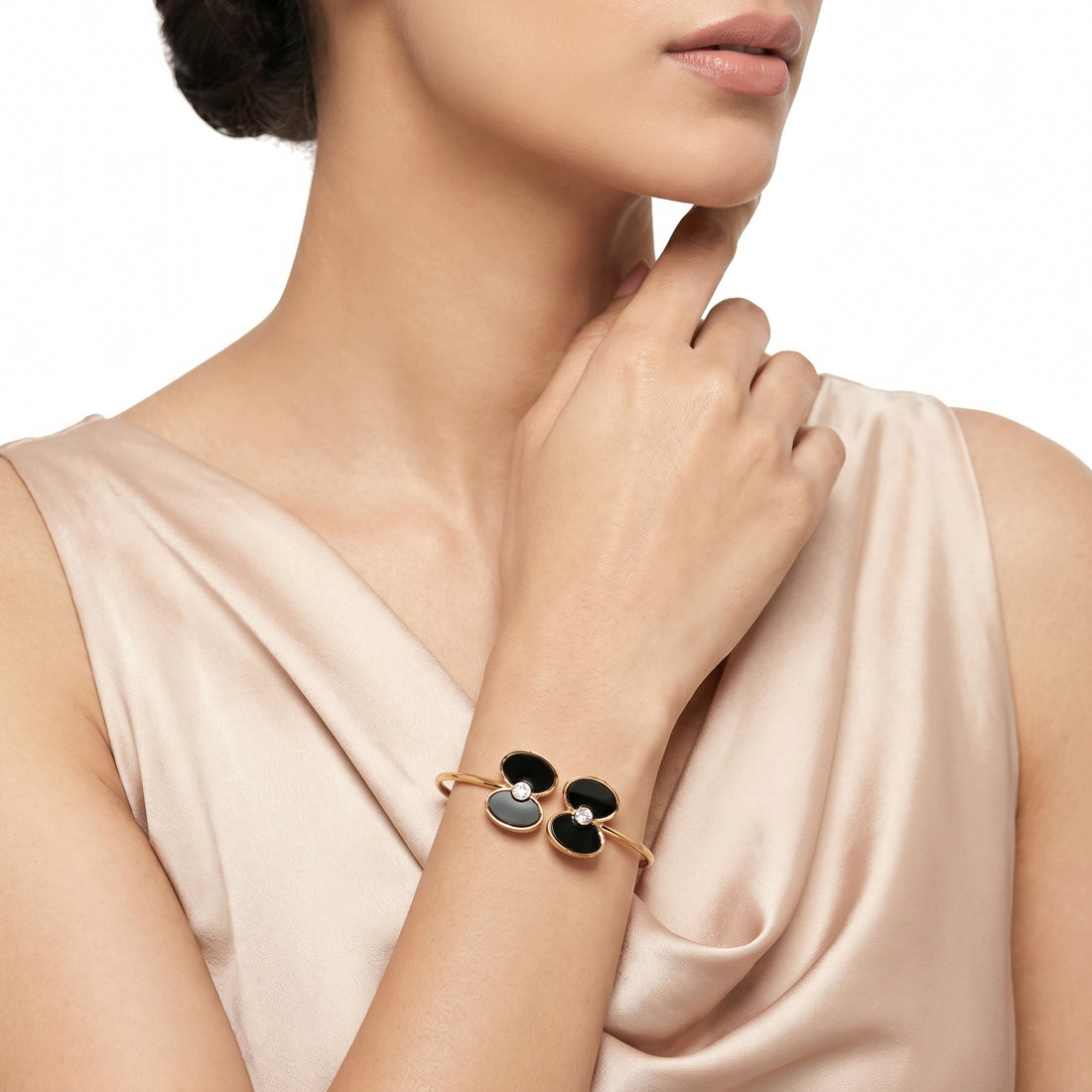 PRAO Bracelet Anti-Tarnish Open Bangle With Black Enamel Poppy Motifs (Adjustable Size)