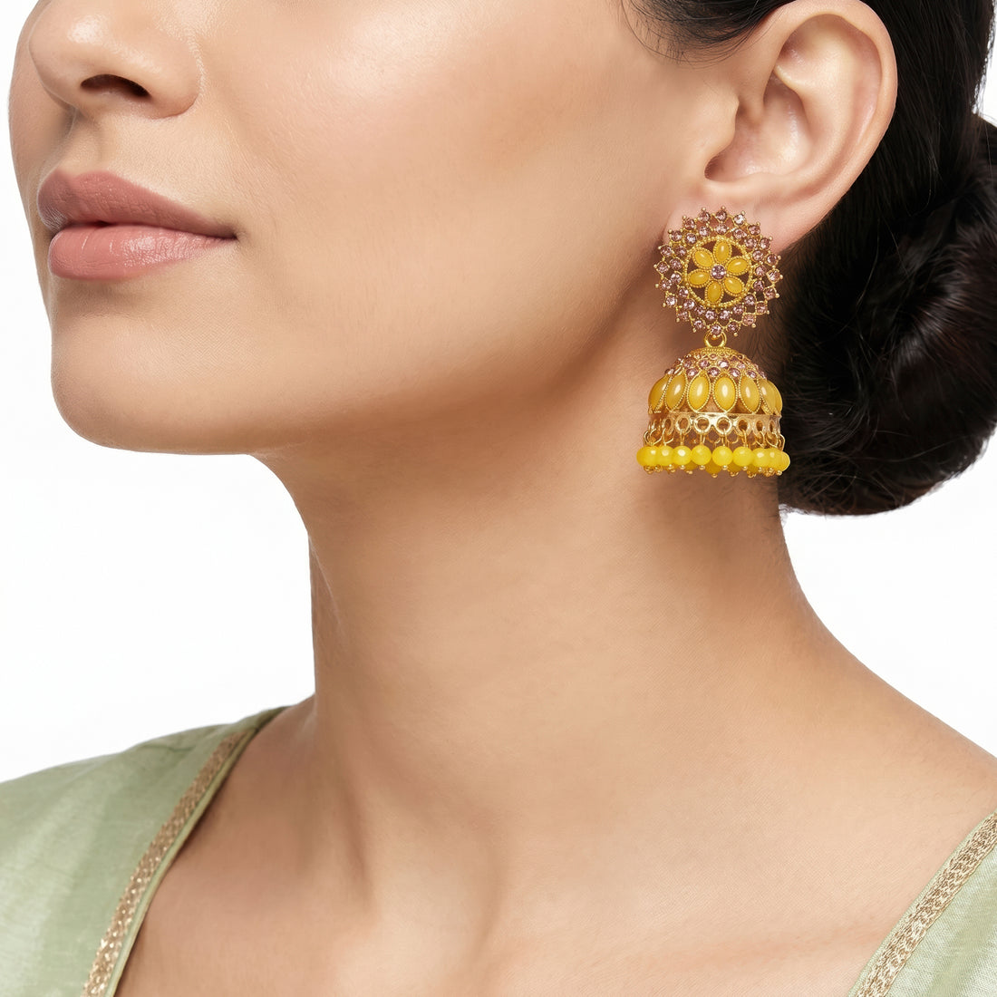 PRAO Earrings Anti-Tarnish Ornate Yellow Stone Jhumka