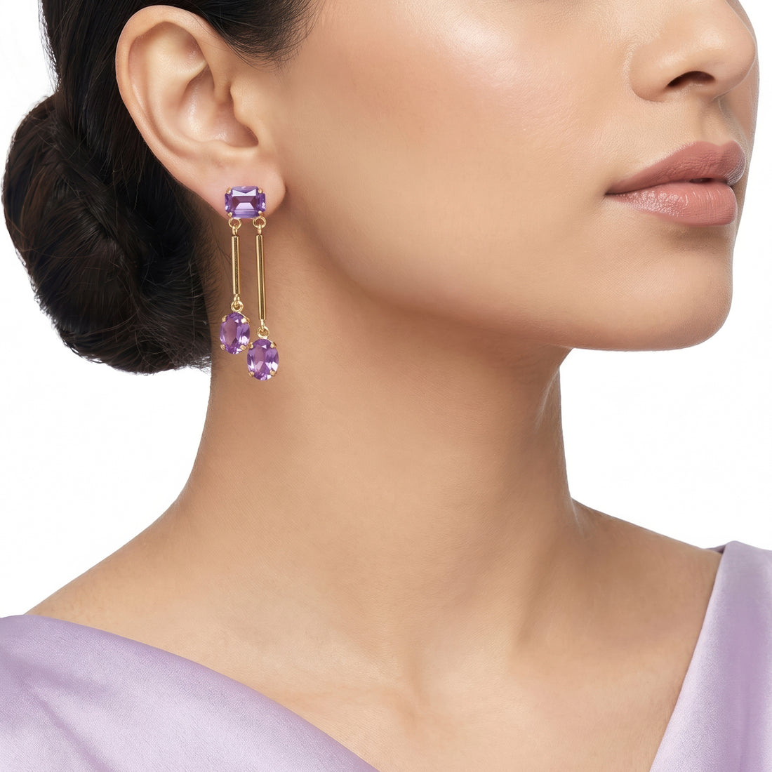 PRAO Earrings Anti-Tarnish Rectangle Purple Crystal Dangles