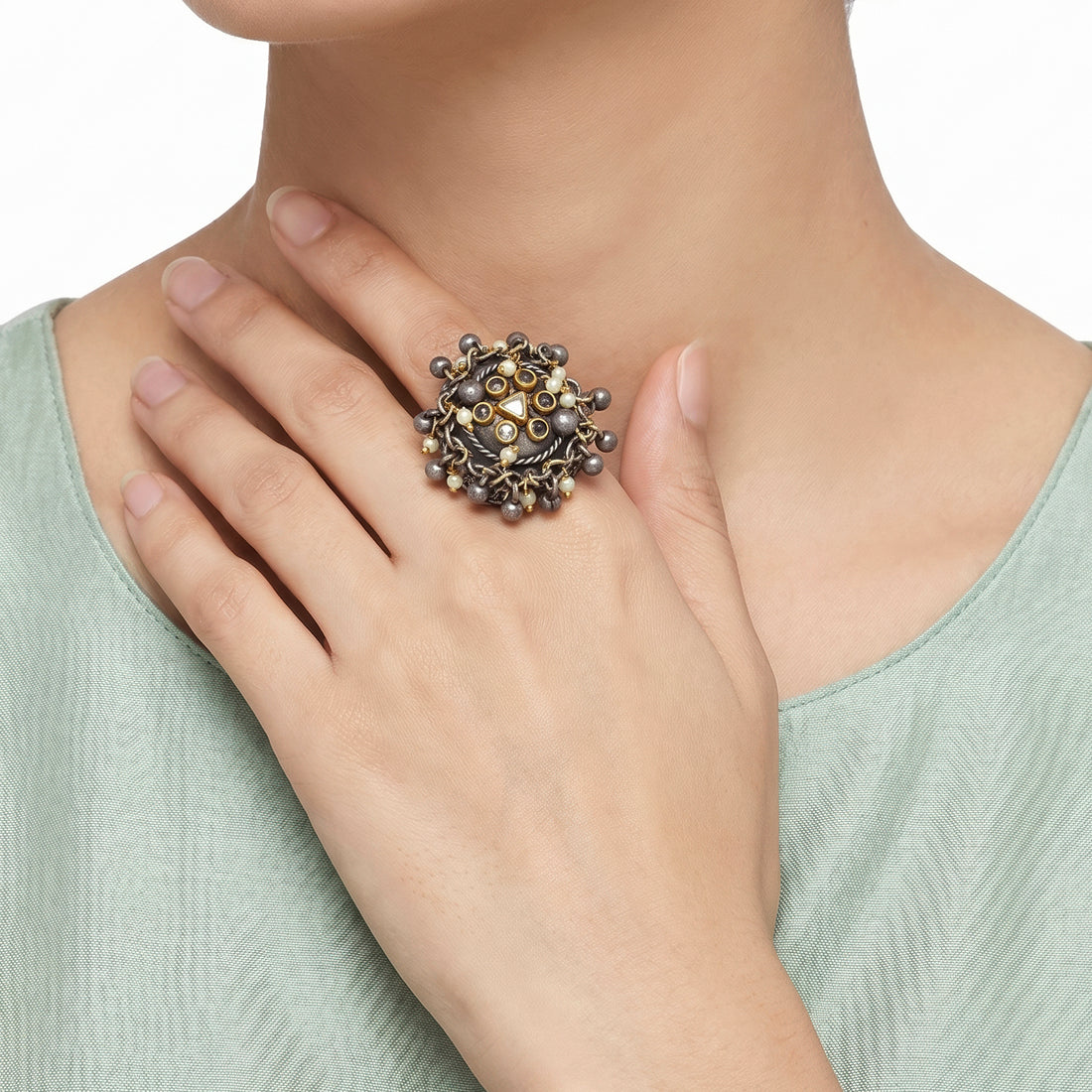 PRAO Ring Anti-Tarnish Pearl Blue Stone Dome (Adjustable Size)