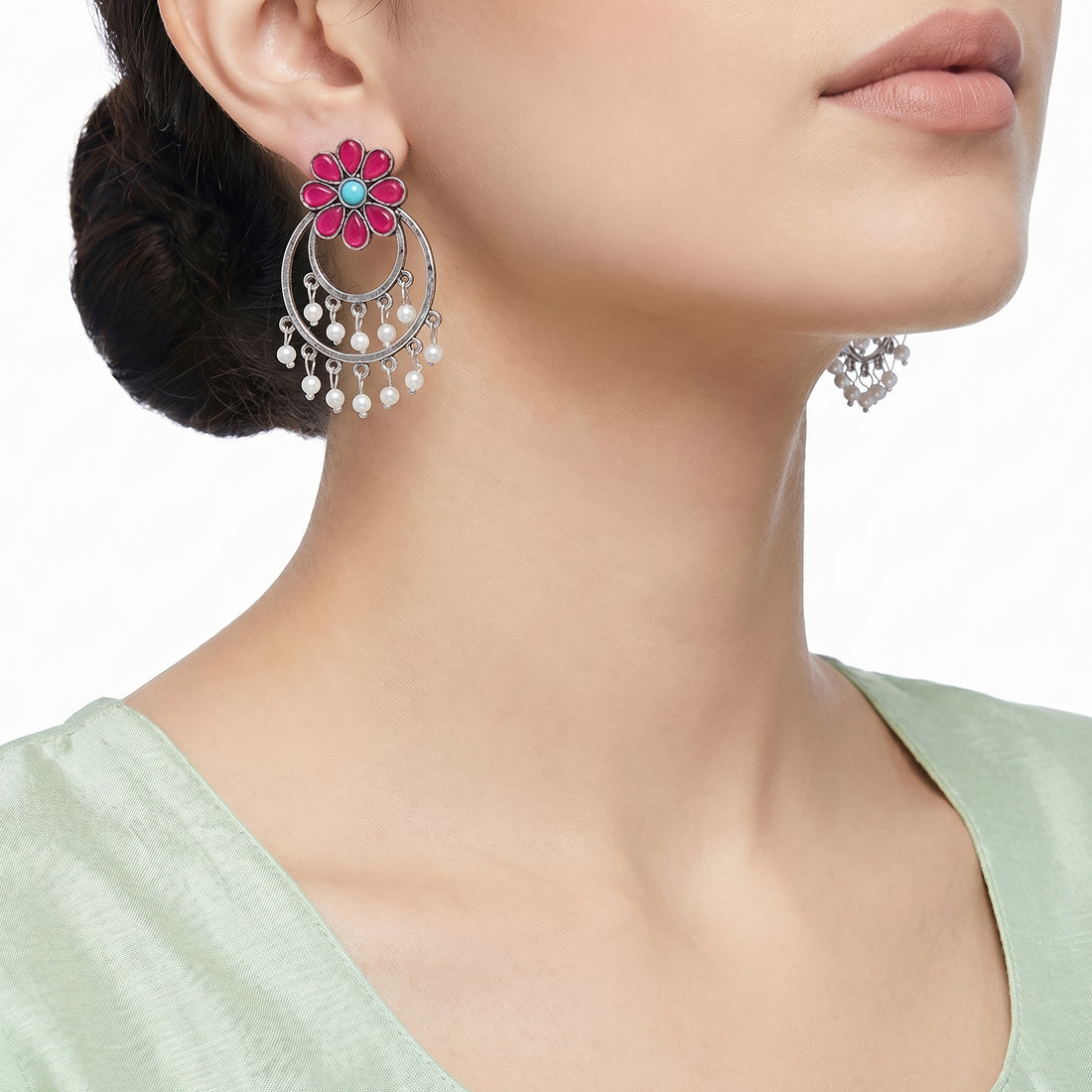 PRAO Earrings Anti-Tarnish Fuchsia Pink Floral Chandbali