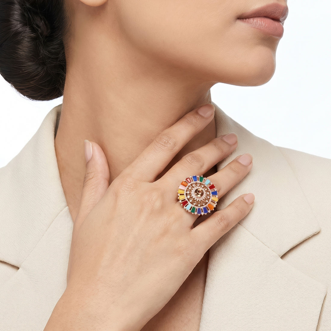 PRAO Ring Anti-Tarnish Sunburst Enamel Crystal (Adjustable Size)
