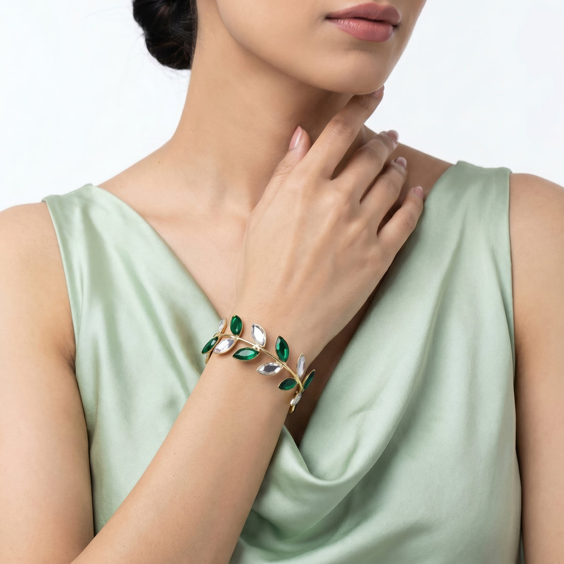 PRAO Bracelet Anti-Tarnish Emerald Crystal Leafy Cuff (Adjustable Size)