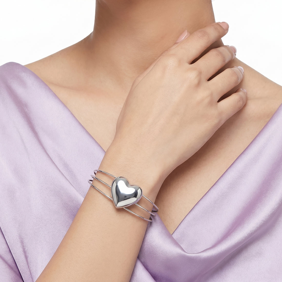 PRAO Bracelet Anti-Tarnish Triple-Wire Puffer Heart Cuff (Adjustable Size)