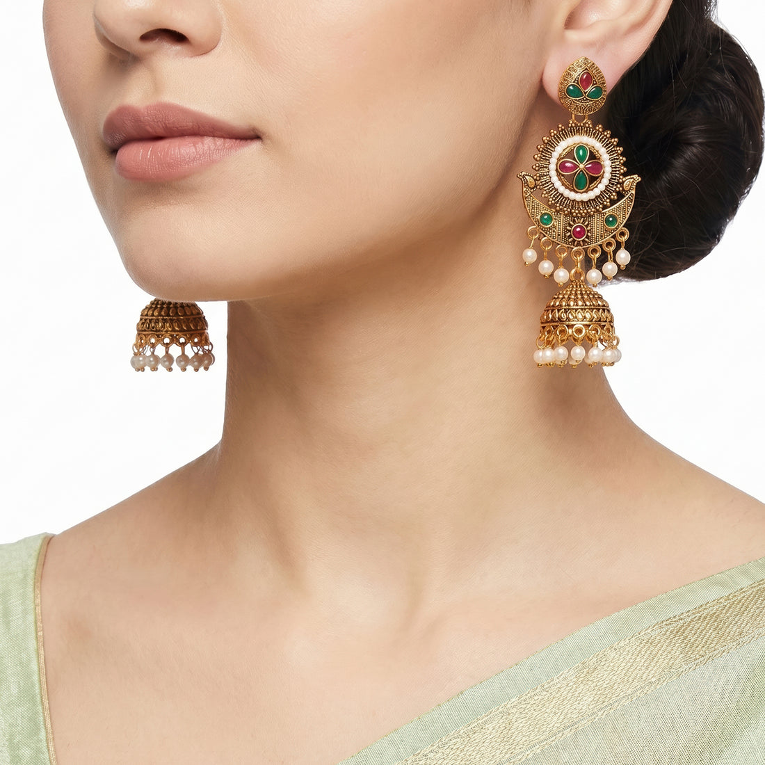 PRAO Earrings Anti-Tarnish Floral Motif Stone Jhumka