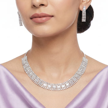PRAO Necklace Anti-Tarnish Wide Crystal Choker Set With Earrings