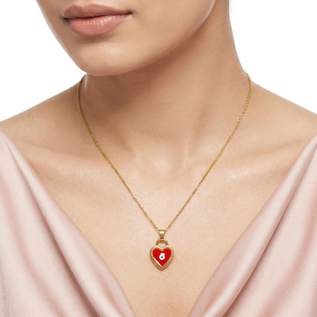 PRAO Necklace Anti-Tarnish Red Heart Lock Evil Eye