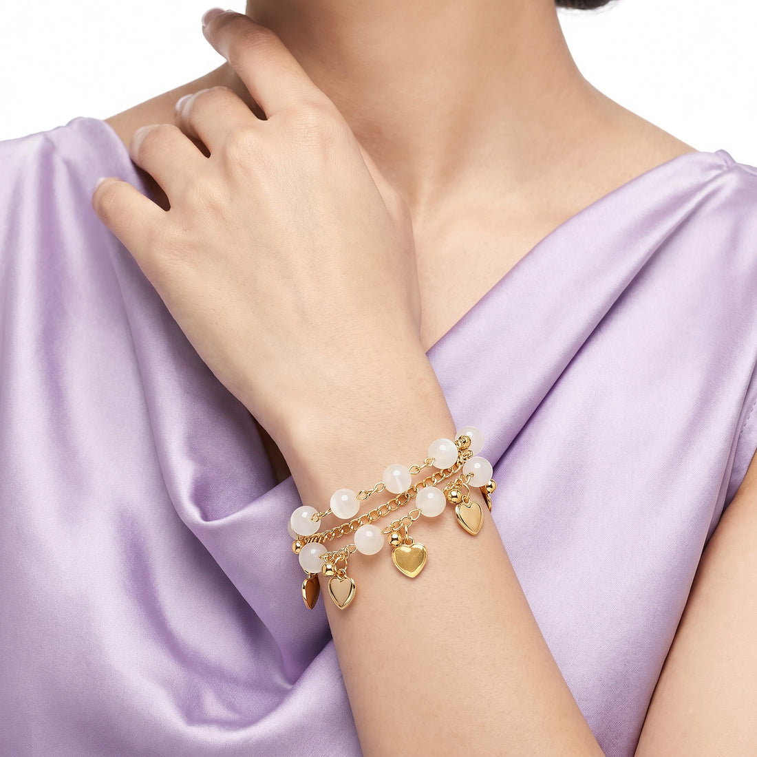 PRAO Bracelet Anti-Tarnish White Bead Heart Charm (Adjustable Size)