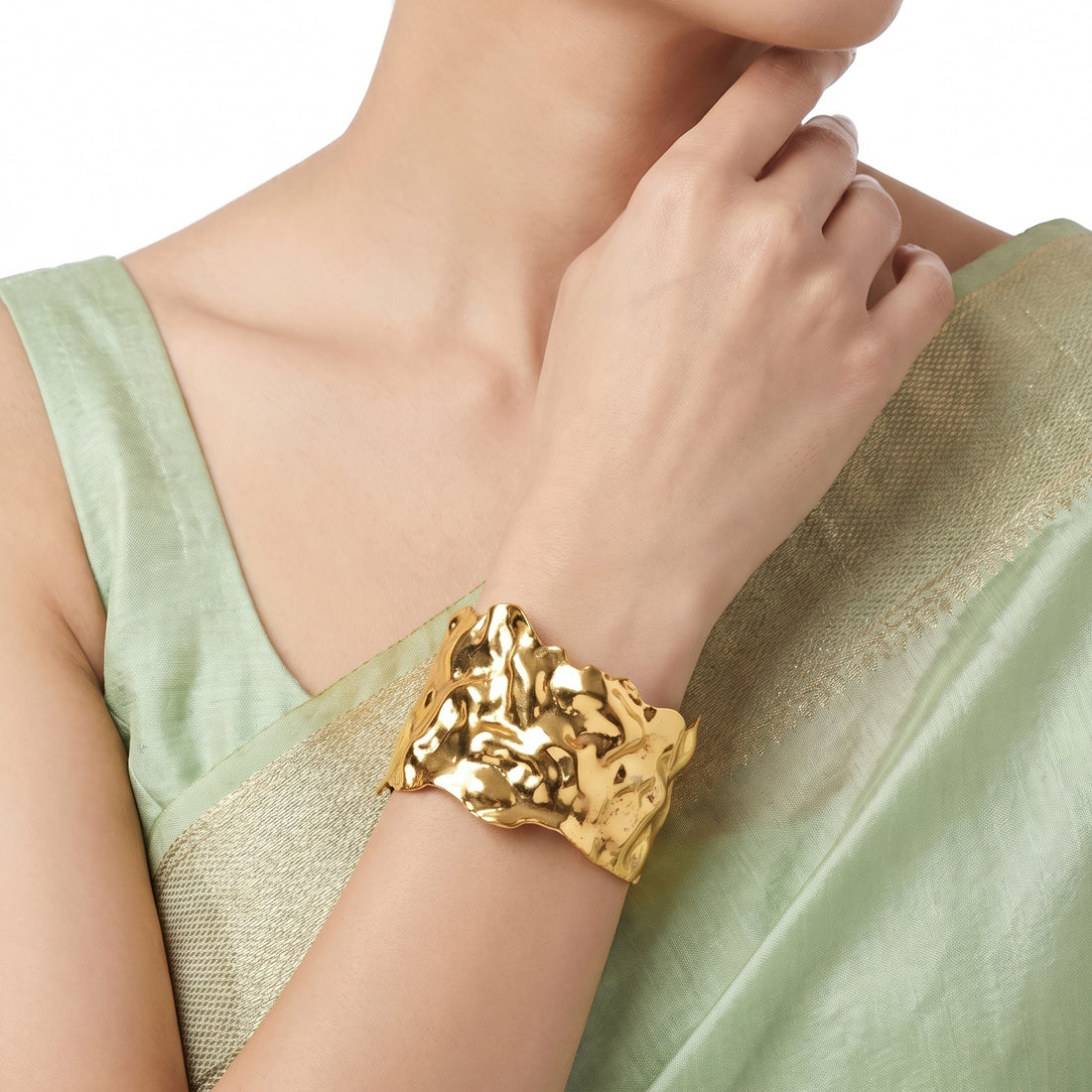 PRAO Bracelet Anti-Tarnish Hammered Textured Broad Cuff (Adjustable Size)