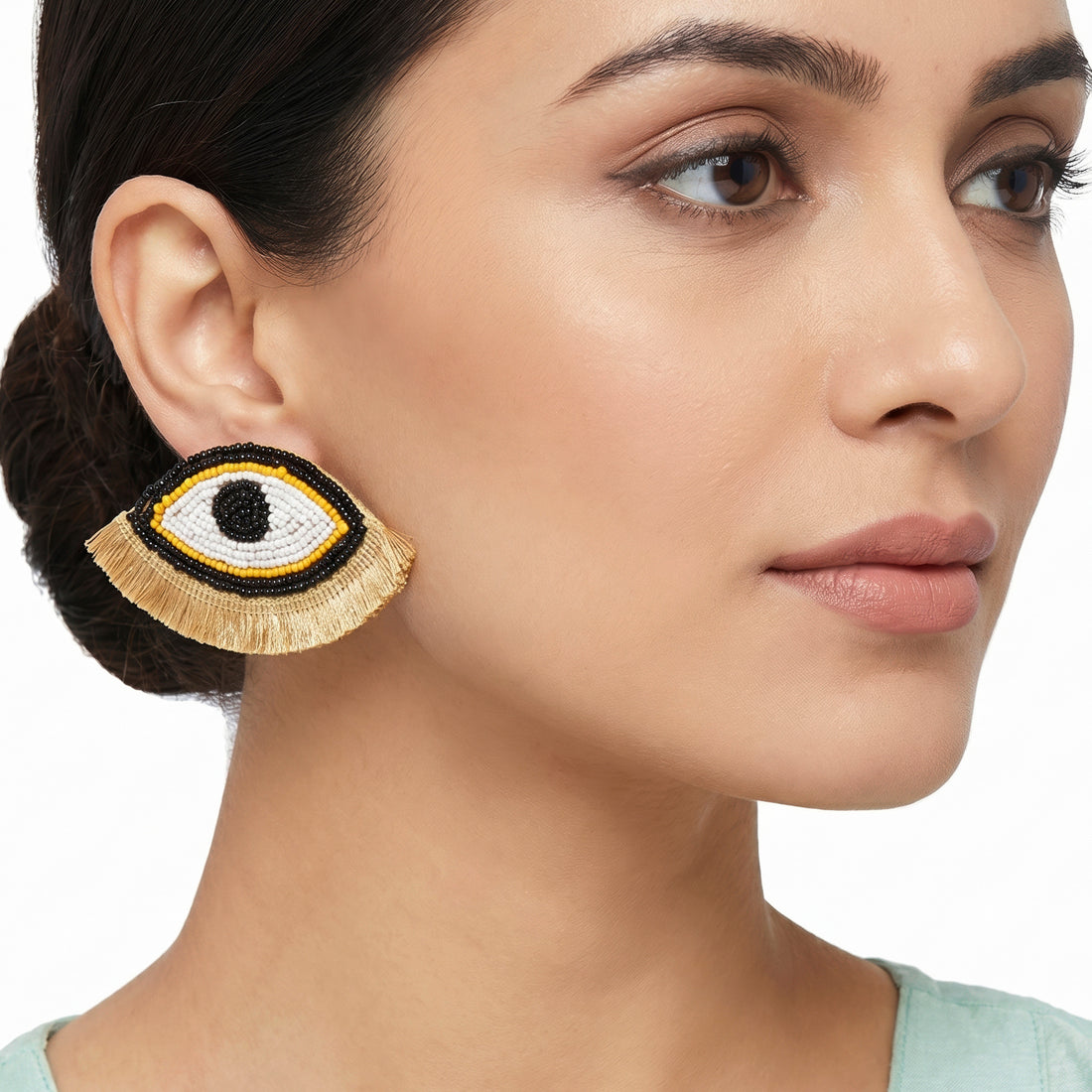 PRAO Earrings Anti-Tarnish Embroidered Yellow Evil Eye Statement