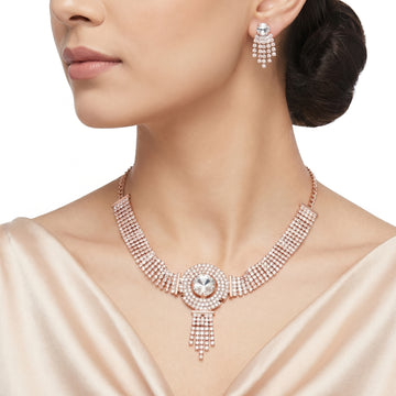 PRAO Necklace Anti-Tarnish Rhinestone Collar Set With Earrings