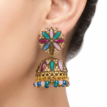 PRAO Earrings Anti-Tarnish Floral Pattern Stone Jhumka