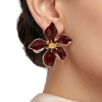 PRAO Earrings Anti-Tarnish Burgundy Floral Statement With Golden Center