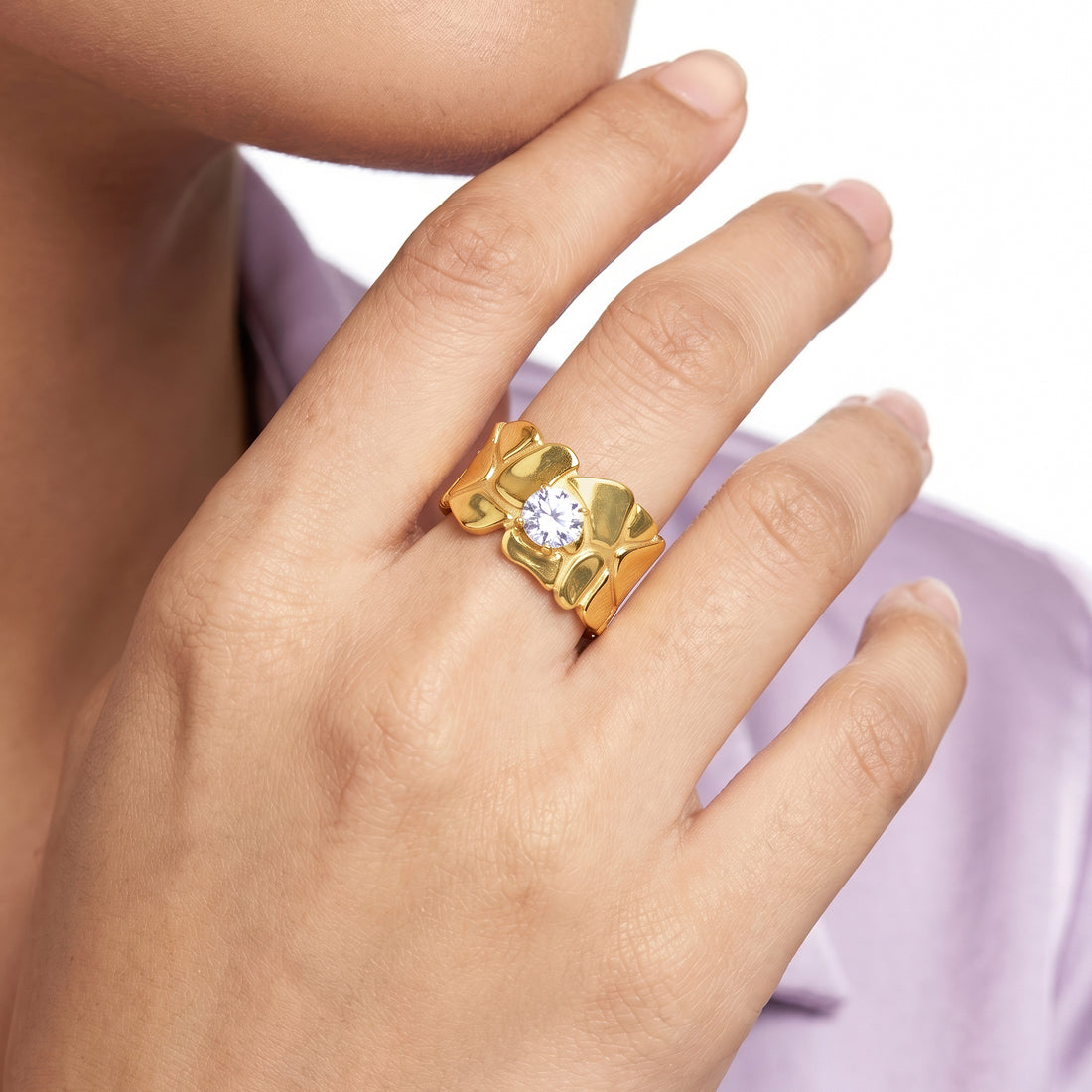 PRAO Ring Anti-Tarnish Nugget Style Solitaire Crystal (Adjustable Size)