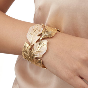 PRAO Bracelet Anti-Tarnish Leaf Shaped Black White Gold Accent Cuff (Adjustable Size)