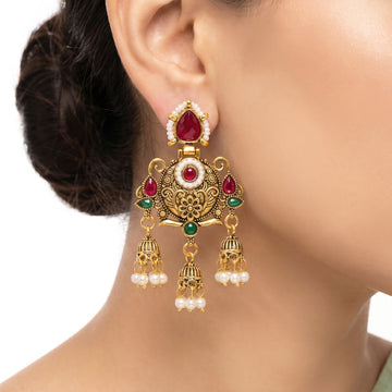 PRAO Earrings Anti-Tarnish Ruby & Pearl Accent Jhumka