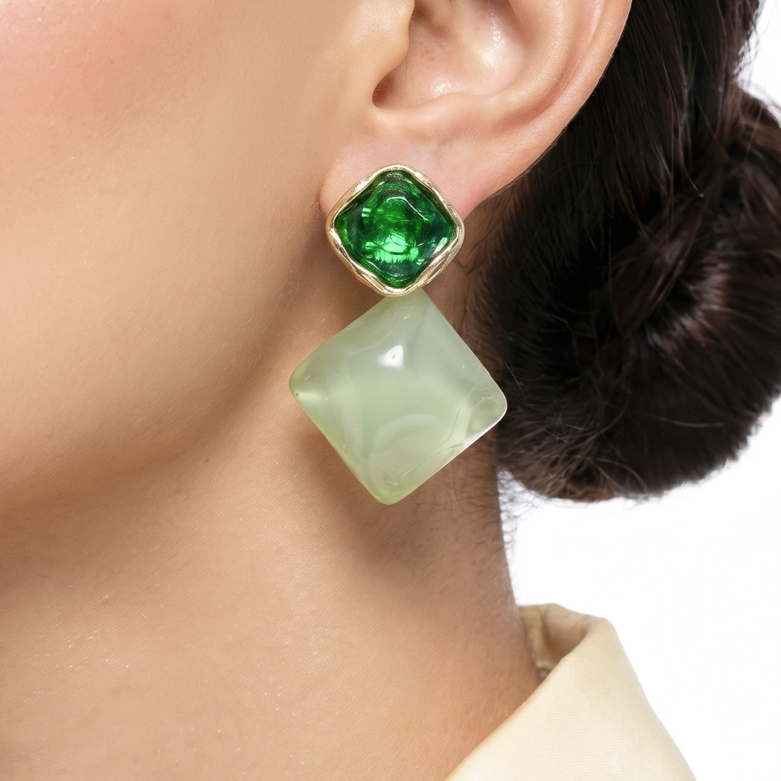 PRAO Earrings Anti-Tarnish Emerald Resin And Mint Geometric Drop